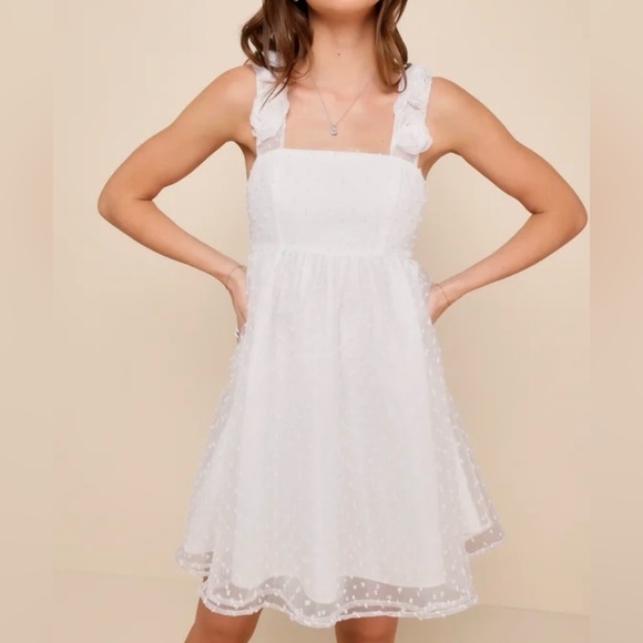 Lulus White Rose Mini Wedding Dress XL Boho Swiss Dot Chiffon Engagement Party - Picture 1 of 5